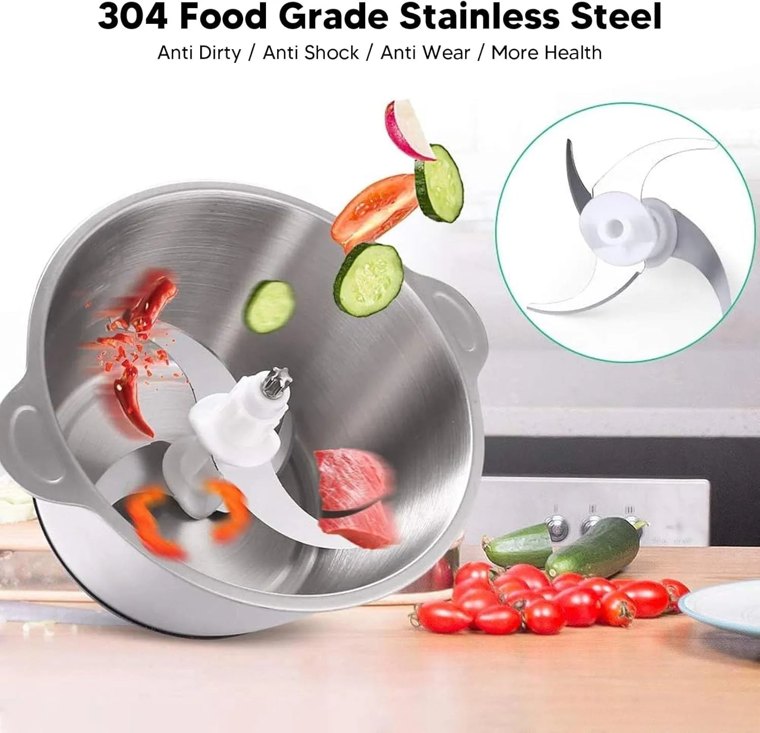 Stainless Steel Food Processor with 3-Speed & 4 Blades – For Meat, Vegetables & Fruits