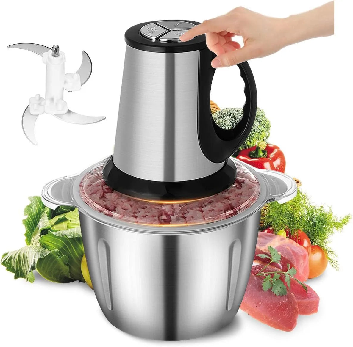 Stainless Steel Food Processor with 3-Speed & 4 Blades – For Meat, Vegetables & Fruits